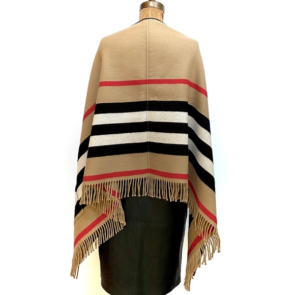 Burberry Wool & Cashmere Blend Icon Stripe Pocket Cape With Leather Trim… - Picture 12 of 15